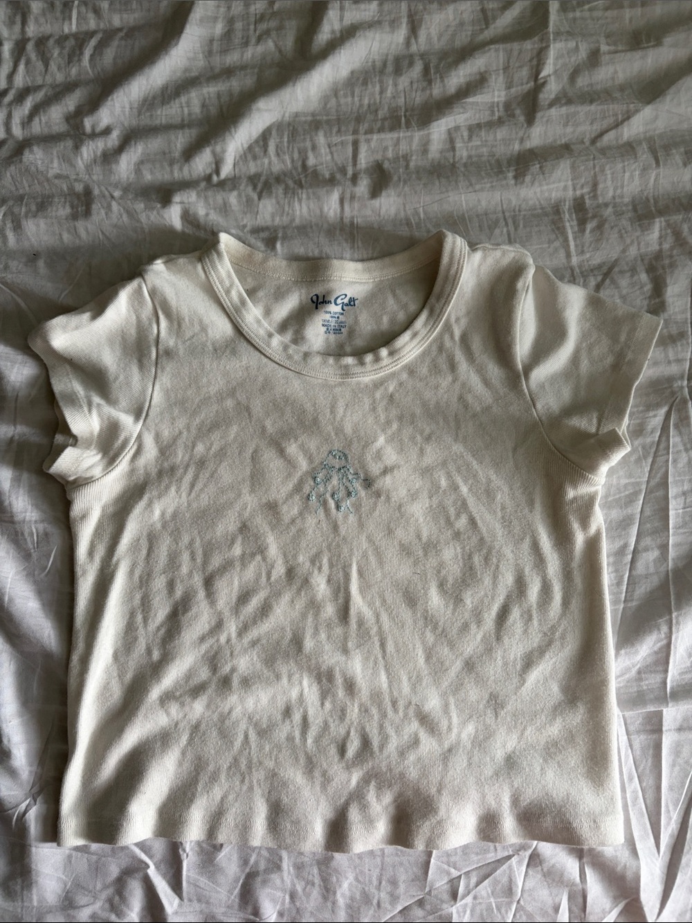 Brandy Melville Cream Short-Sleeve Tee with Small Embroidered Motif